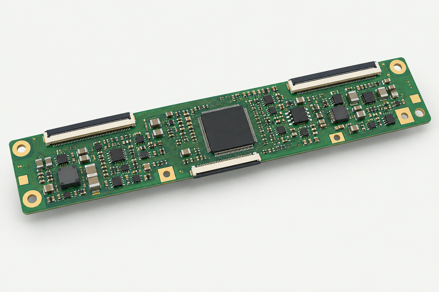 Illustrative slim green display driver PCB with ribbon connectors and a central black chip