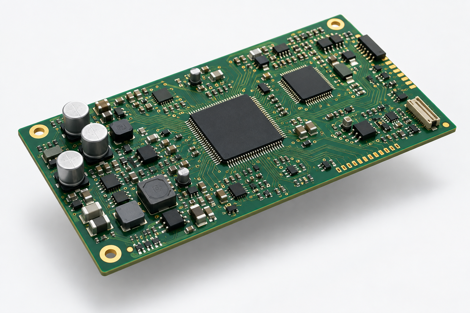 Studio illustration of a green circuit board with gold traces and precision components