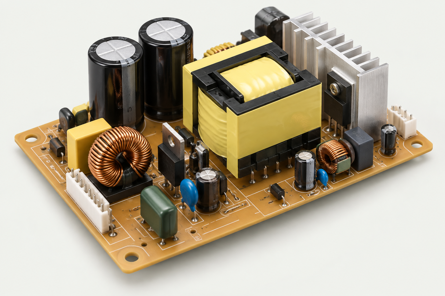 Illustrative amber power supply PCB with black capacitors, yellow transformer and a silver heat sink