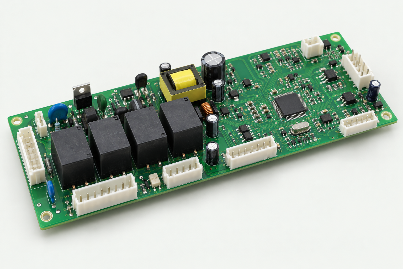 Illustrative refrigerator control PCB with black relays, white connectors and a yellow transformer